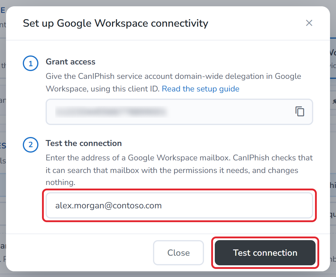 The dialog with the mailbox address and Test connection highlighted
