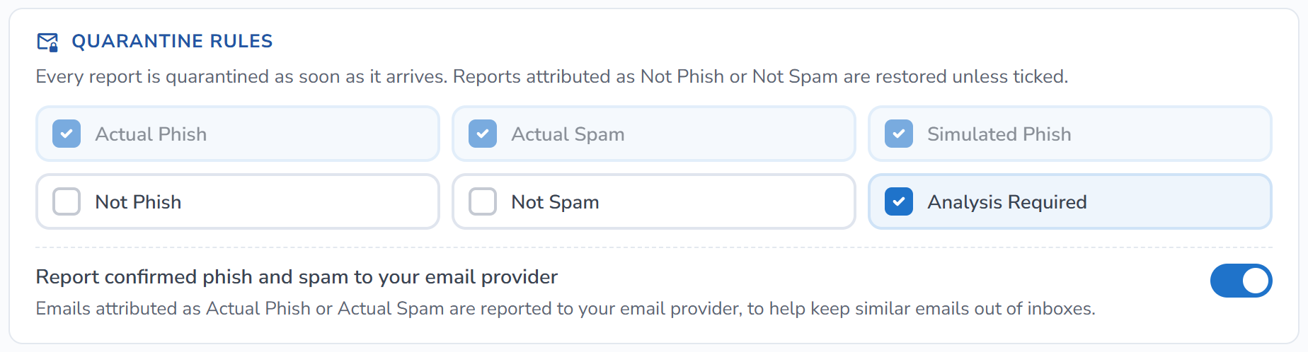 Quarantine rules with Actual Phish, Actual Spam, Simulated Phish and Analysis Required ticked, and Not Phish and Not Spam left unticked