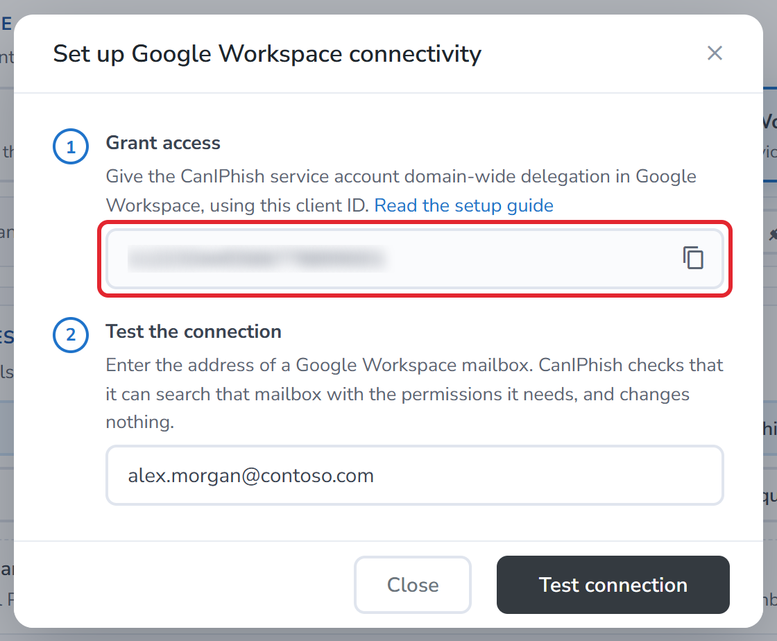 The Set up Google Workspace connectivity dialog, with the client ID highlighted