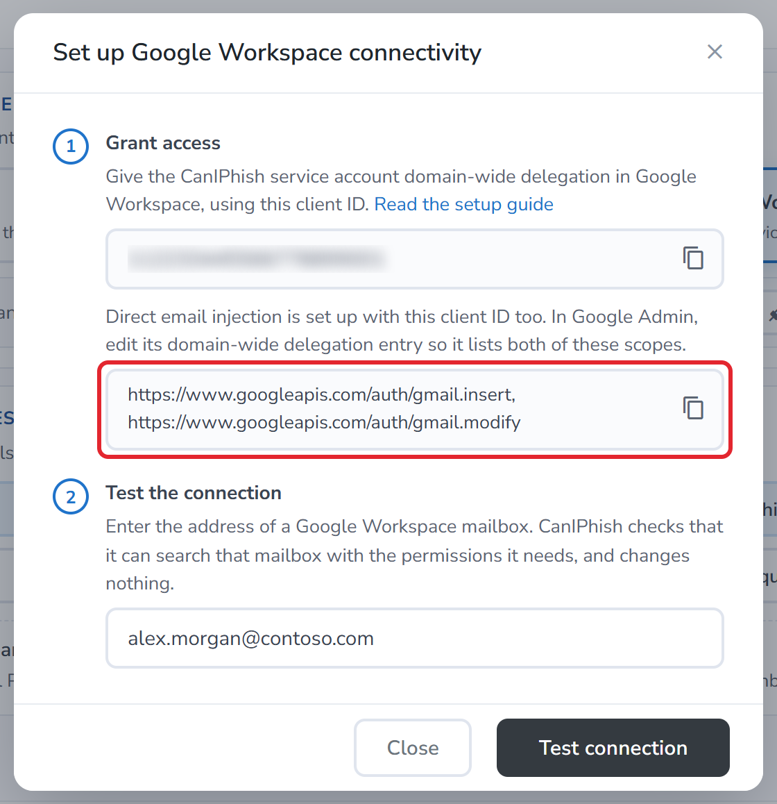 The dialog when direct email injection uses the same client ID, with both scopes highlighted